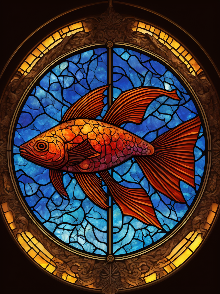 stained glass effect, zodiac sign, Pisces, beautiful, mystical, reddish background, celestial style