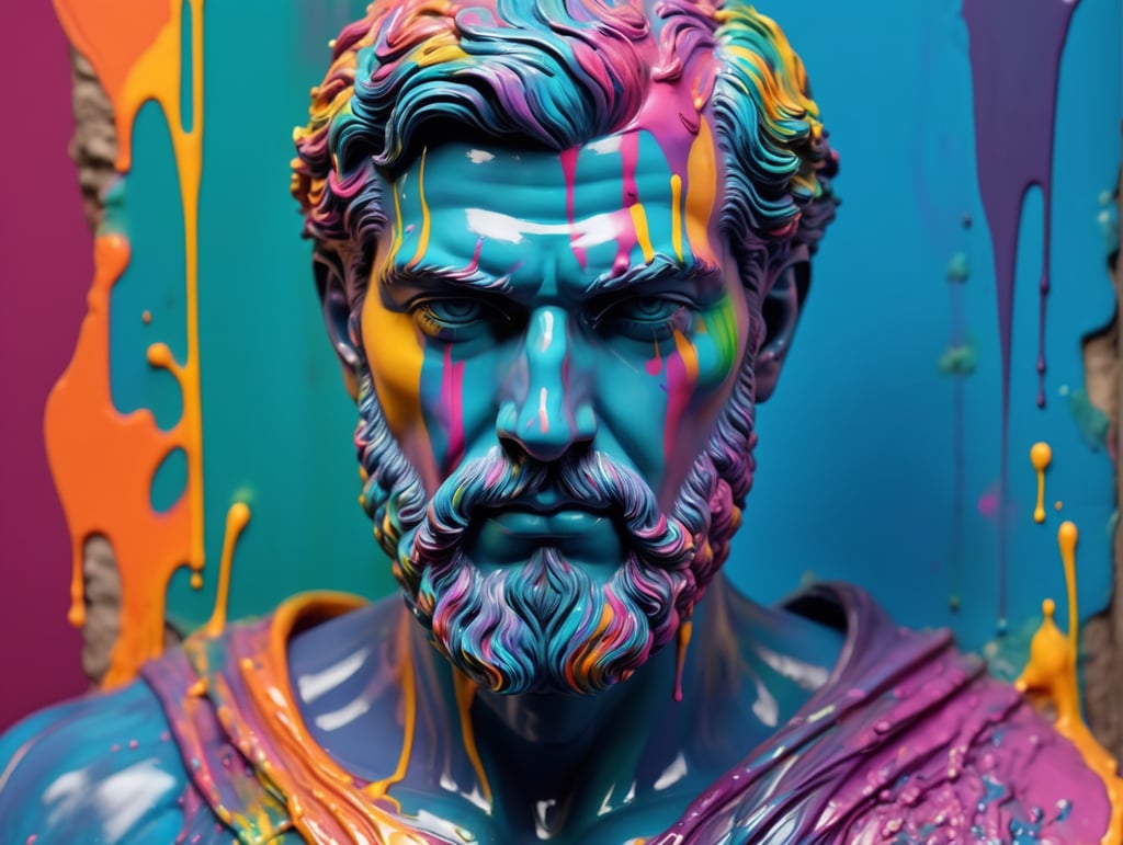 greek male bust with colorful paint, melted, the paint is flowing, aesthetic background