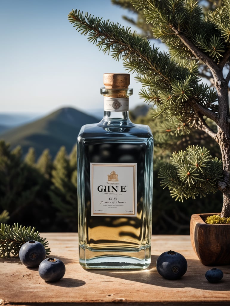 professional photography of a square gin bottle, square bottle, surrounding a juniper and juniper berries, one shot of gin in a front, no label, clear, mockup