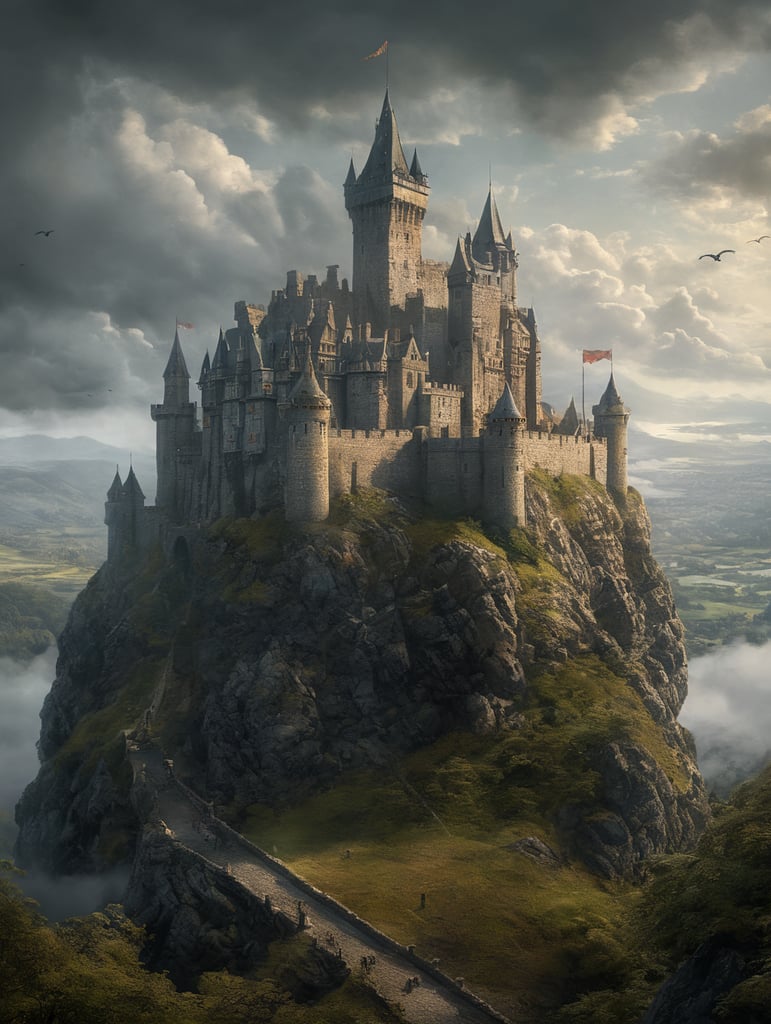 Castle in Scotland with fog around the turrets, and brimming with archers. In a style like HR Geiger. Dragon should be circling the castle in the air.