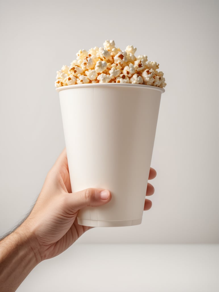 A cartoon hand is holding a popcorn cup, cartoon, 3d render, soft light, white background