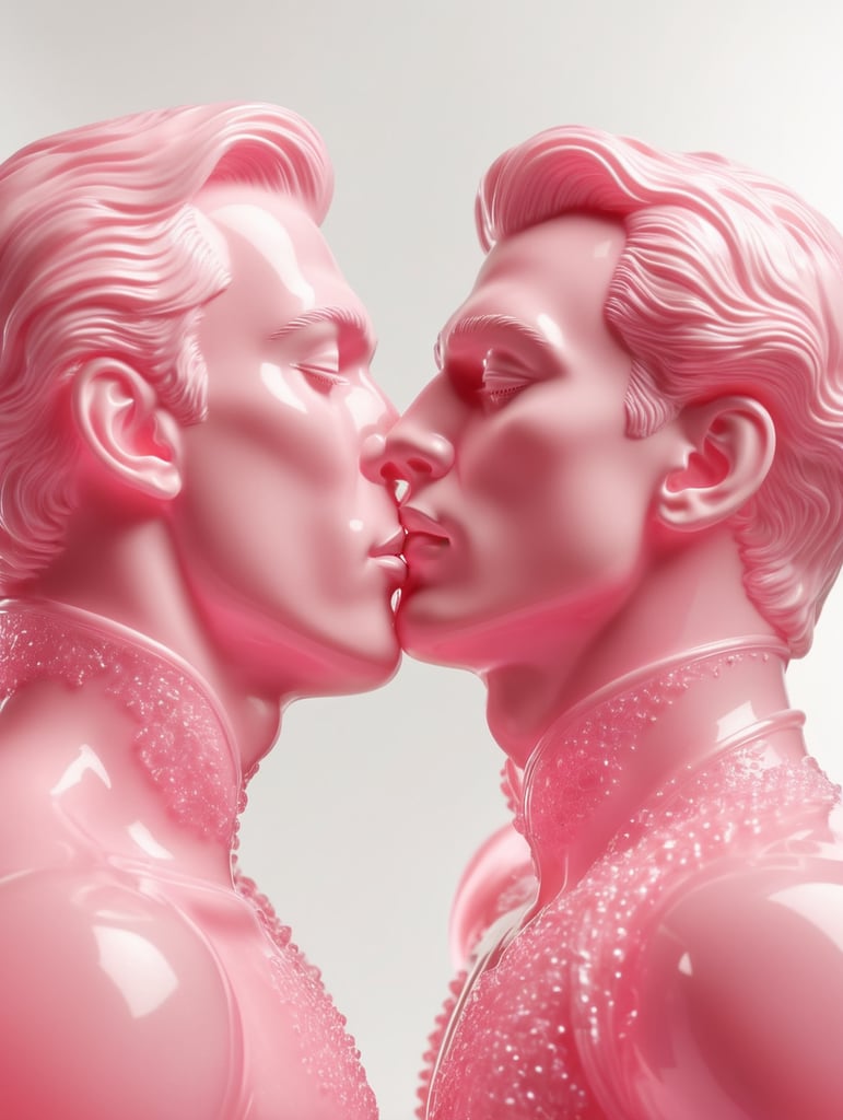 Kiss Art: Two pink translucent wax figures kissing each other, isolated, pink background