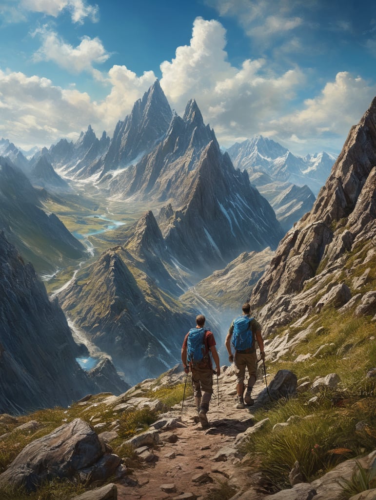 Man hiking in a mountain, brilliant blue sky, serene, peaceful, majestic, high detail, landscape, ultra hd, matte painting, highly detailed, concept art, contrast light, deep colors