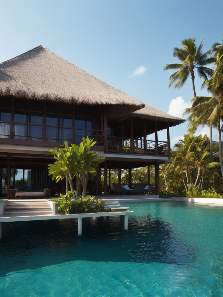 Over water villa in the maledives with the sun shining and some palms, Vibrant and rich colors, blue skies and azure oceans, photorealistic, contrast light, deep colors, Incredibly high detailed
