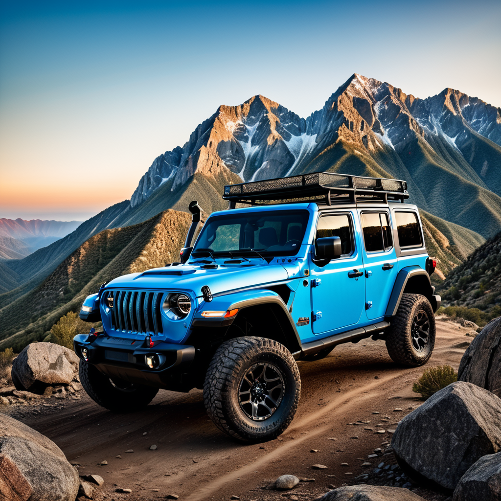 a sky blue Jeep Wrangler JL climbing a mountain in a beautiful landscape all with an adventurous atmosphere