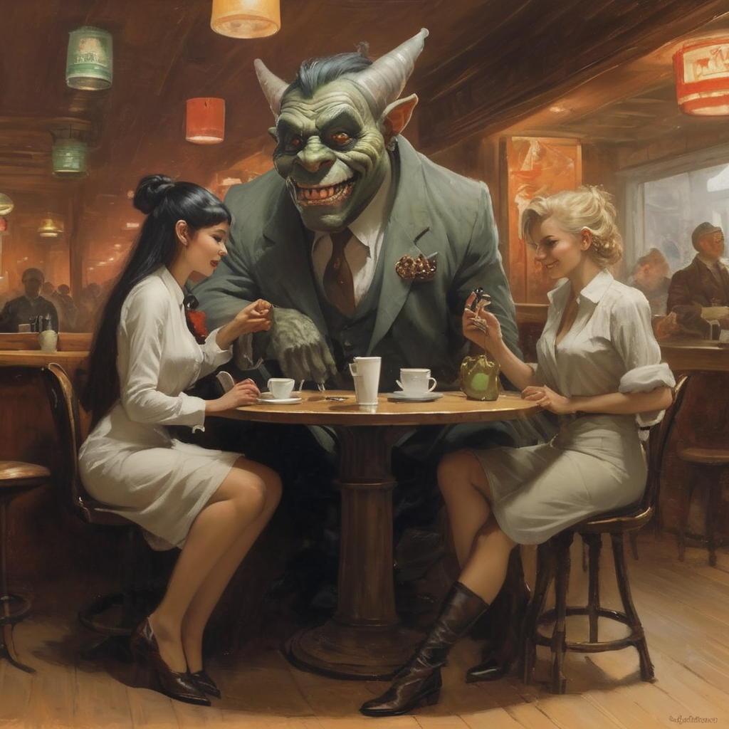 A troll and a woman have a coffee in an internet cafe. The woman is dressed smart casual. They are in an internet cafe. Frank Frazetta fantasy style art.