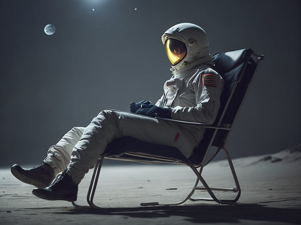 Soviet astronaut resting on moon in a beach chair, vibrant lighting, elegant, highly detailed, smooth, sharp focus, illustration, beautiful, geometric, trending on artstation, full body