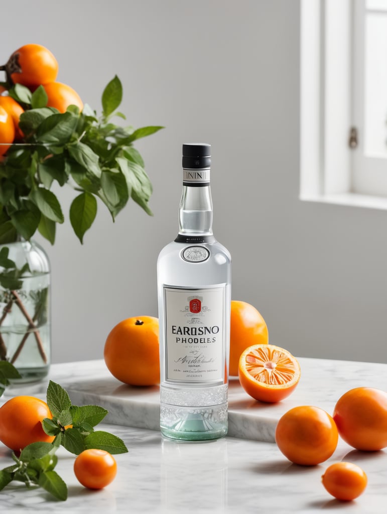 professional photo of a gin bottle on a white marble table surrounded by lemons, persimmons and mint, natural light
