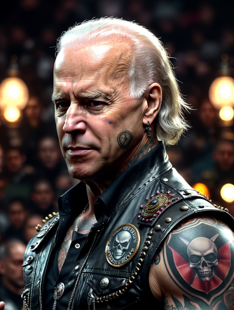 Joe Biden as a punk rocker, full face, tattoos, piercing