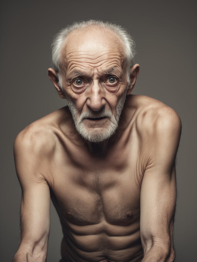 Creepy old man with no clothes trying to grab the viewer