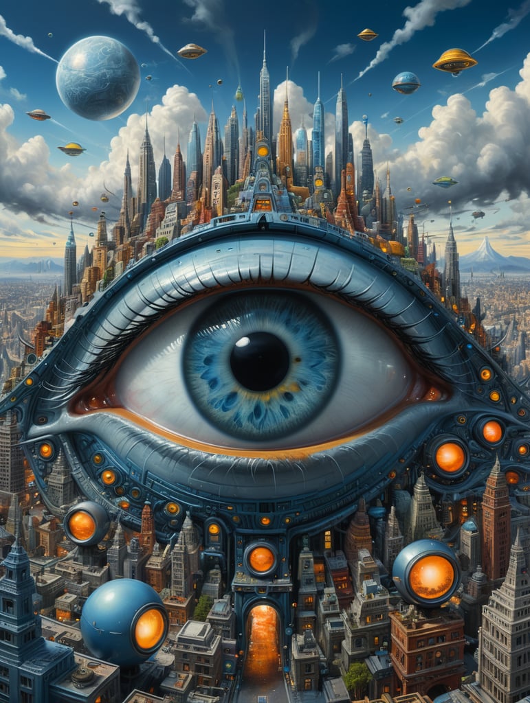 eyes everywhere an illustration of a futuristic city in a blue and grey background, in the style of cosmic visions, arthur tress, fred tomaselli, mysterious expressionism, louis wain, byzantine art, eyes everywhere