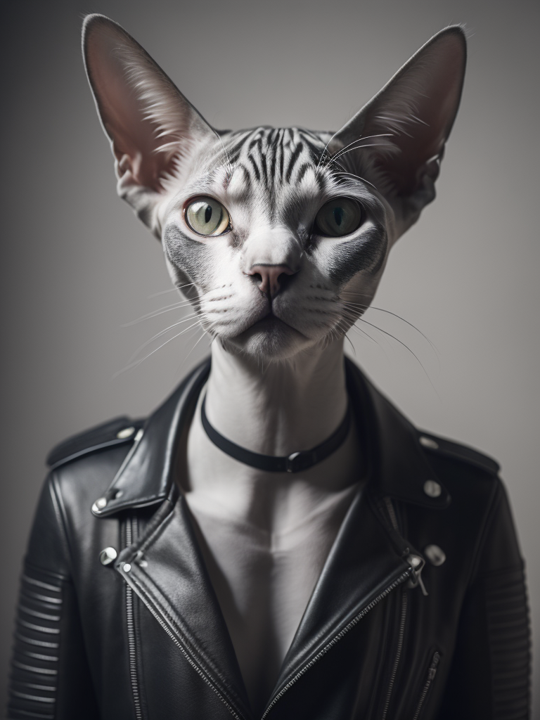 bold white sphynx cat with black and white rocker tattoos wearing a black biker leather jacket