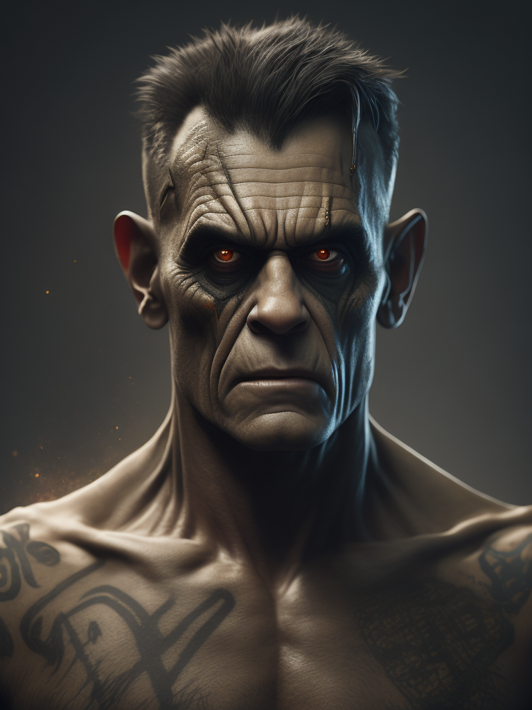 frankenstein with tattoos, scars, stitches