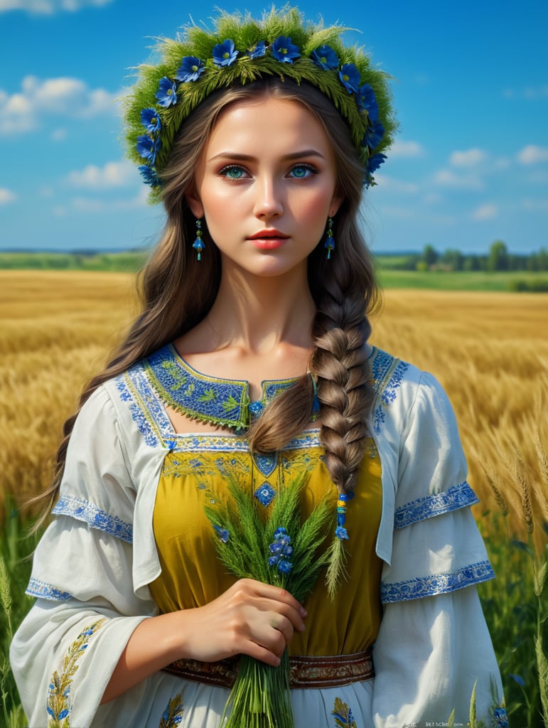 beautiful Ukrainian girl in national dress and a wreath of green rye and blue flowers background of the field