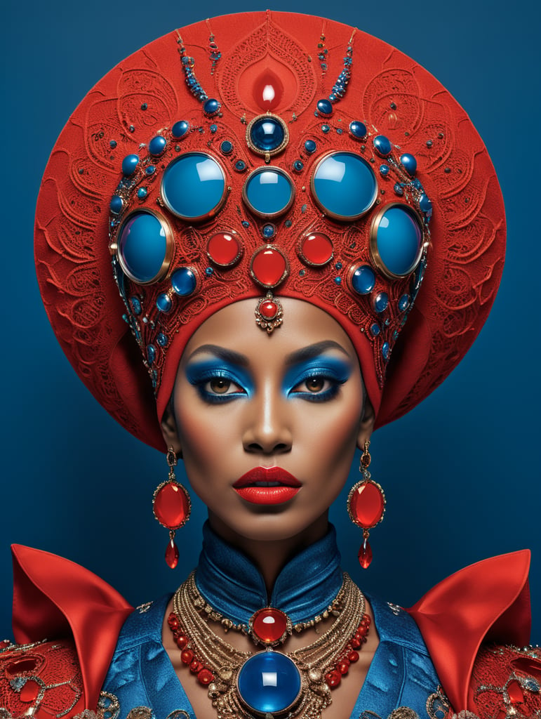 Vogue cover, Donyale luna, avant-garde, simplygo, photoshoot spread, dressed in all red, blue background, harpers bizarre, cover, headshot, hyper realistic