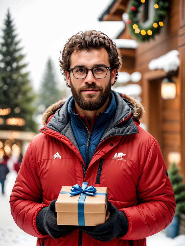 portrait of a bearded curly man wearing red puffer jacket, reeding glasses, stands front camera with gift box his hand, snowy weather, Christmas time, blurry background