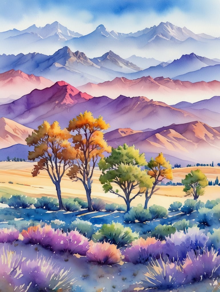 uma pintura de três árvores em um campo com montanhas ao fundo, paisagem da aquarela, paisagem abstrata vívida, o deserto é em aquarela, paisagem artística, pintura em aquarela vibrante, cores vibrantes, mas suaves, Ciprestes e Colinas, Aquarela vibrante, arte em aquarela, pintura de paisagem colorida, uma pintura em aquarela, Aquarelas, paisagem vívida, ilustração da paisagem, Paisagem abstrata, cores atmosféricas vibrantes