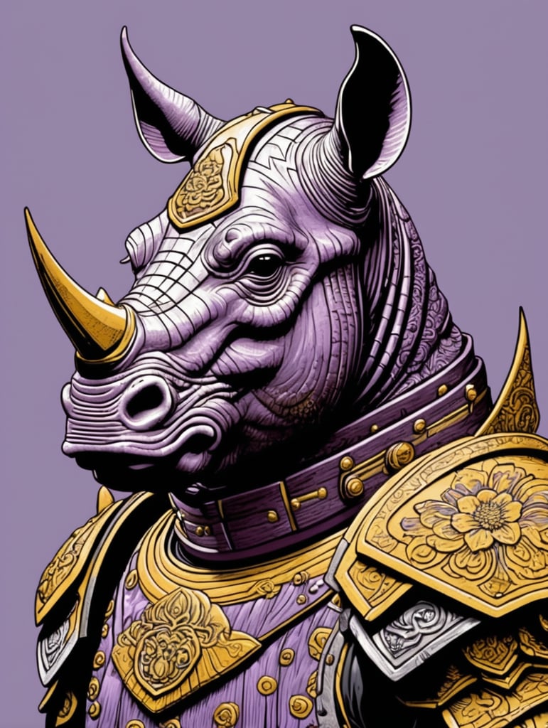 Woodcut portrait of an anthropomorphic rhinoceros superhero wearing samurai armor 3 dimensional relief in lavender and yellow and black and brown woodgrain