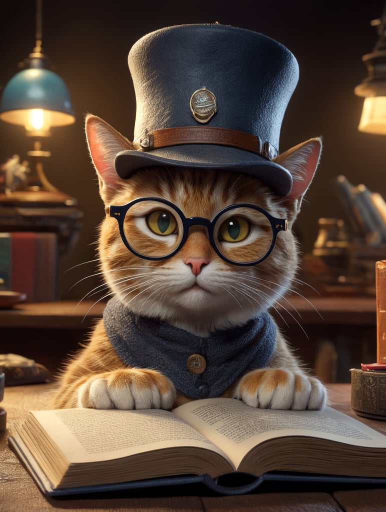 3d animated, cute cat reading, glasses, hat, in the style of pixar, detailed background