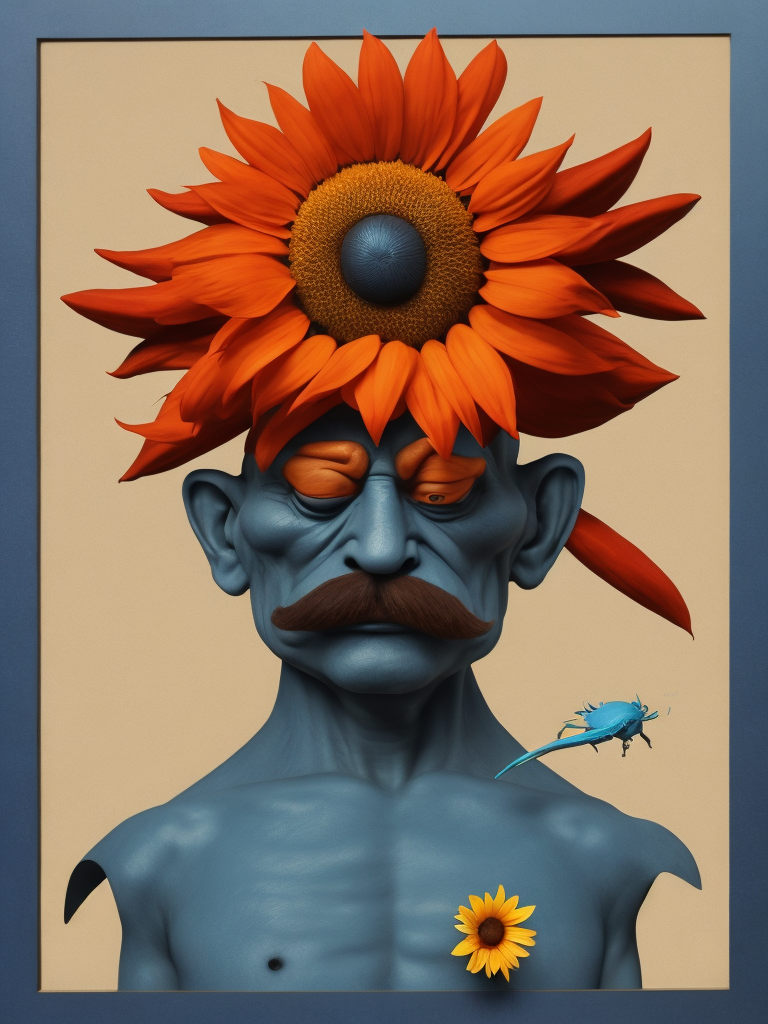 surreal collage, mustached man, crab, troll, sunflower, blue square, red stick figure, photorealism, HD