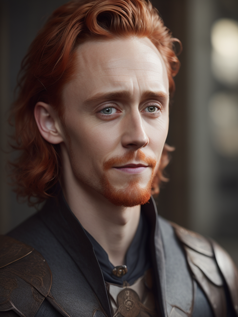 Portrait of Tom hiddleston with red hair in medieval style, detailed face, contrasting light