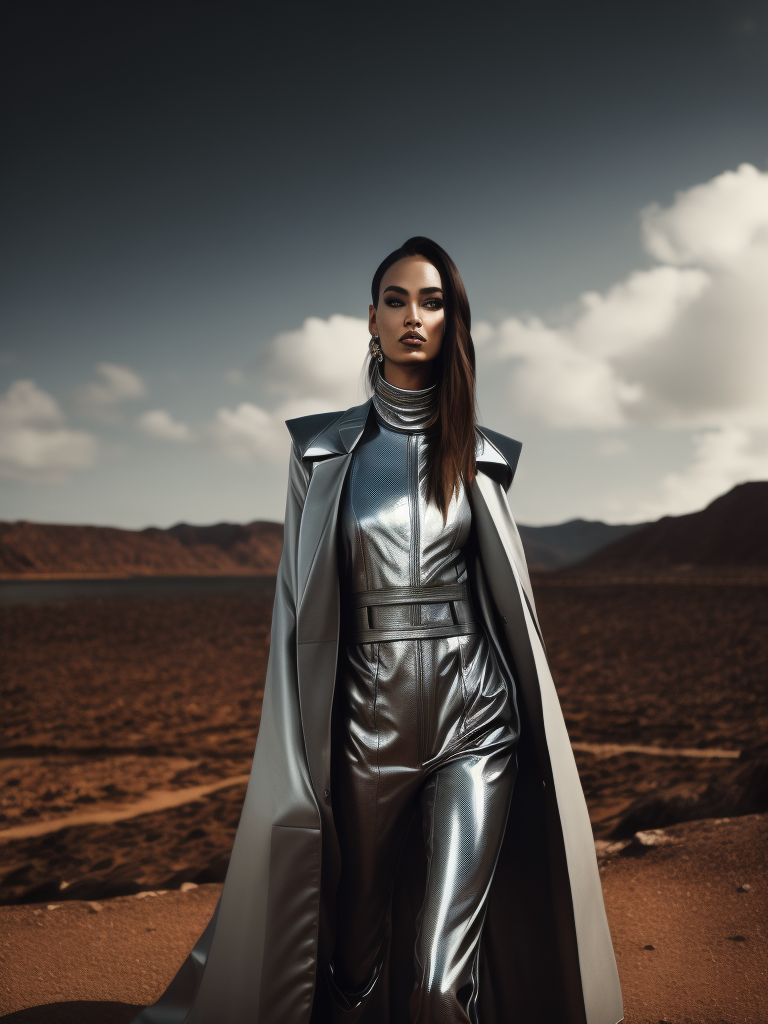 Ultra hd! realistic! helmut lang, fashion photoshoot, futuristic, beautiful face, female posing, chrome outfit, surreal landscape, photo in 90's fashion style, medium format, fuji superia 400, iso 400, surrealistic, 8k