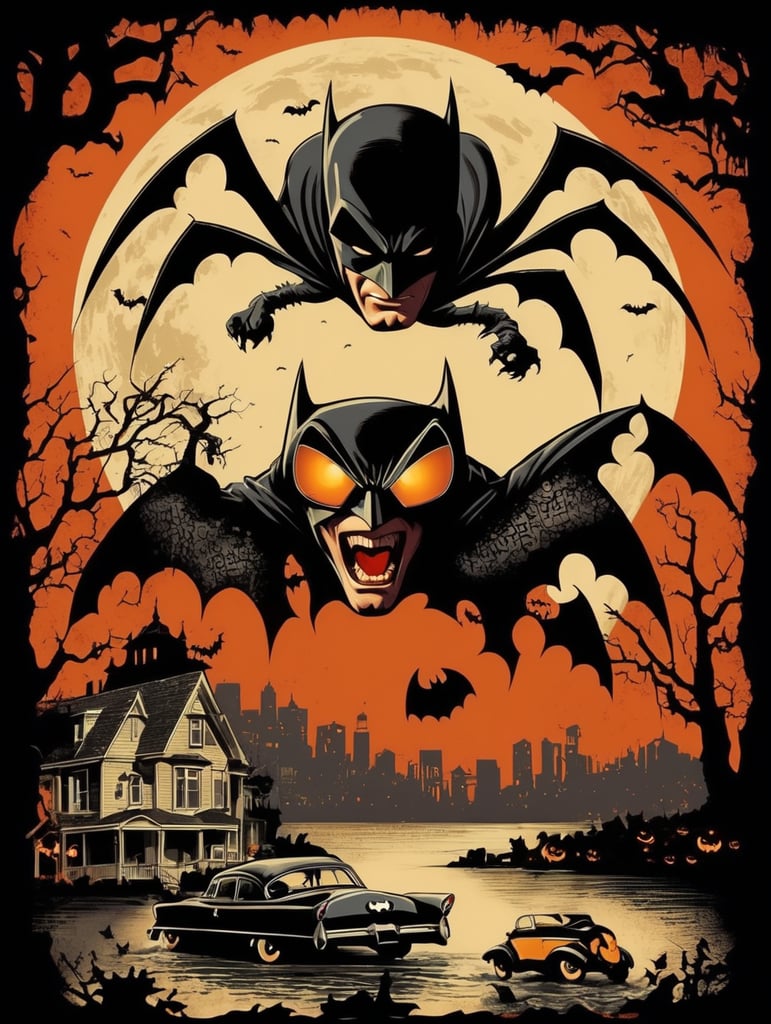 1950's b-movie horror halloween t-shirt print design featuring a giant batman
