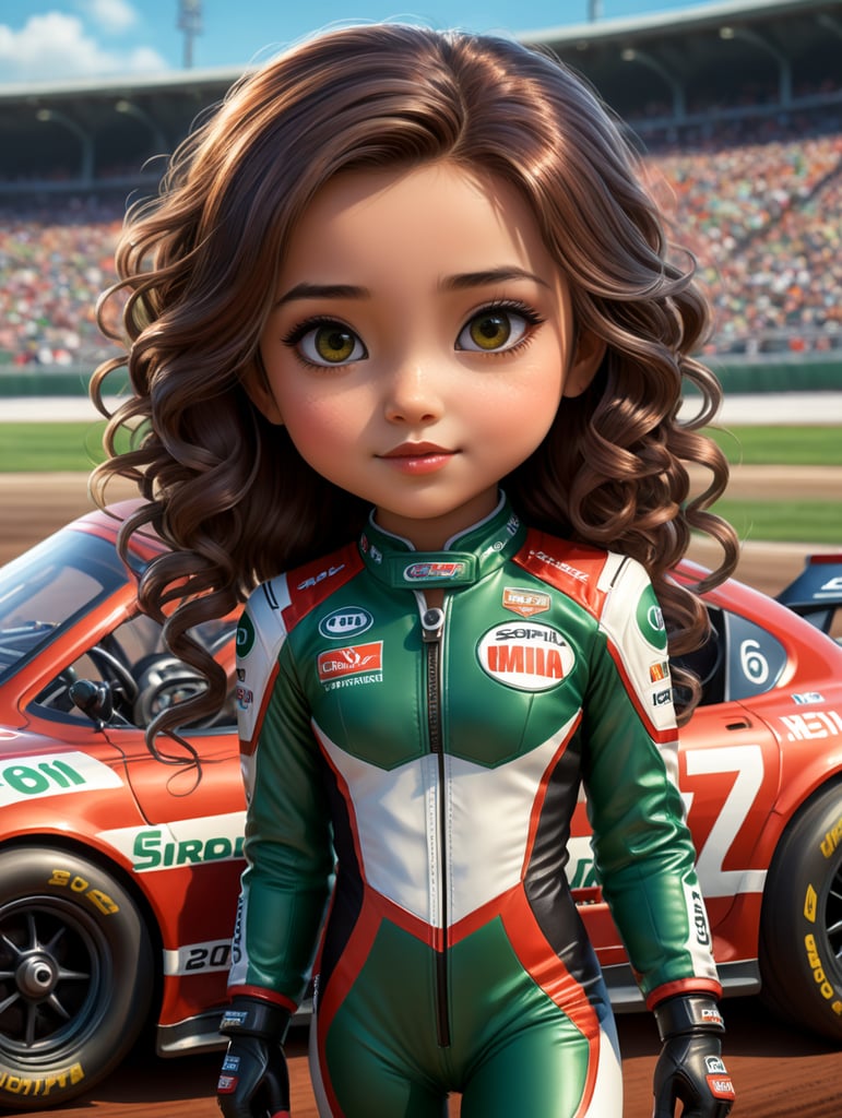 cute chibi girl in the style of Pixar, with 3D animated characters. The title is \'Sofia\' and shows a girl with long curly dark brown hair, brown eyes, dark Green White and Red Racing Suit, 1 Car Background, Speedway, F1, poster