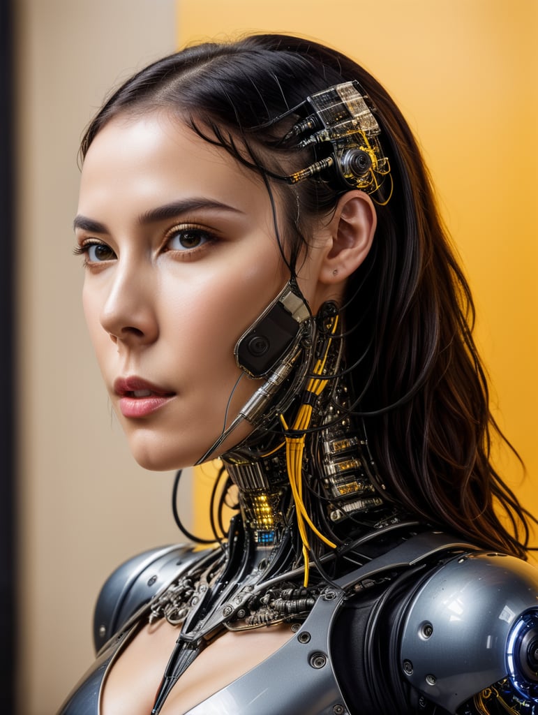 Half body photography, in front of a yellow wall, a futuristic cyborg woman, full of cables and wires and led, an well shaped transparent dark plexiglass latex body plc robots with silver motor head, 80 degree view, art by sergio lopez, natalie shau, james jean and salvador dali