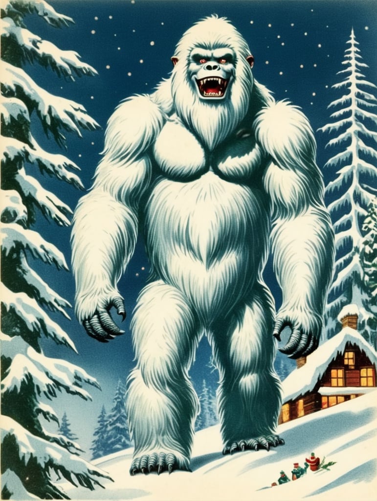 Yeti, Abominable Snowman, vintage Christmas postcard illustration