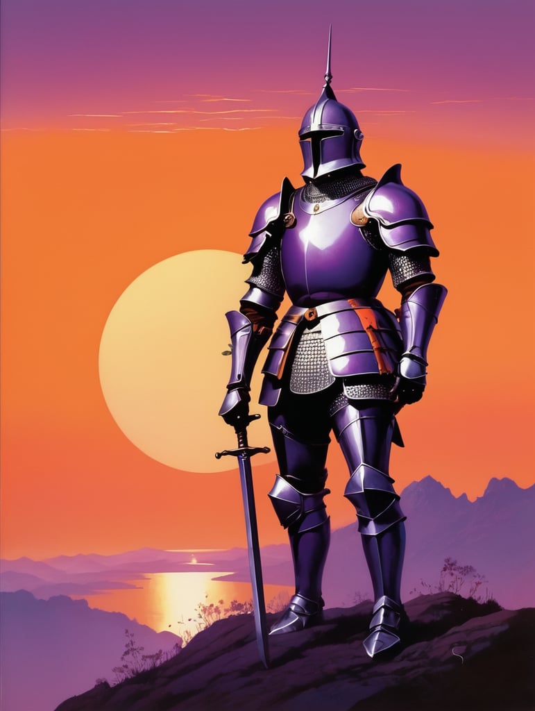 Knight, 1970s book cover, sat, smoking, watching sun set, purple sky, orange sky, colourful armour
