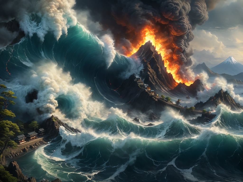 Epic photograph of an earthquake in Japan, large waves, destruction, fire, in the style of Aivazovsky