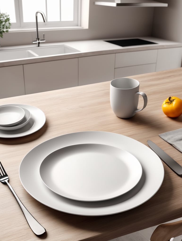 modern kitchen table, empty plate, mockup