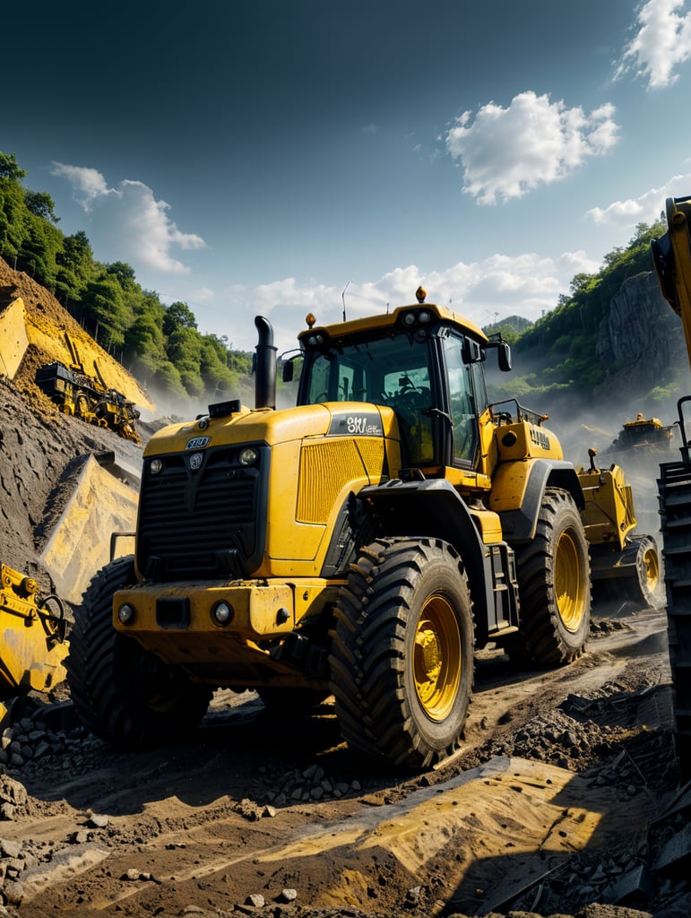 Working with a yellow bulldozer in summer