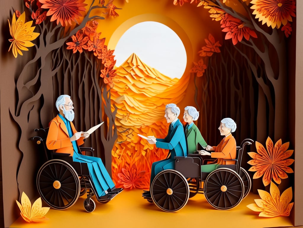 2 people, 1 person in wheelchair, getting assistance, talking, happy,