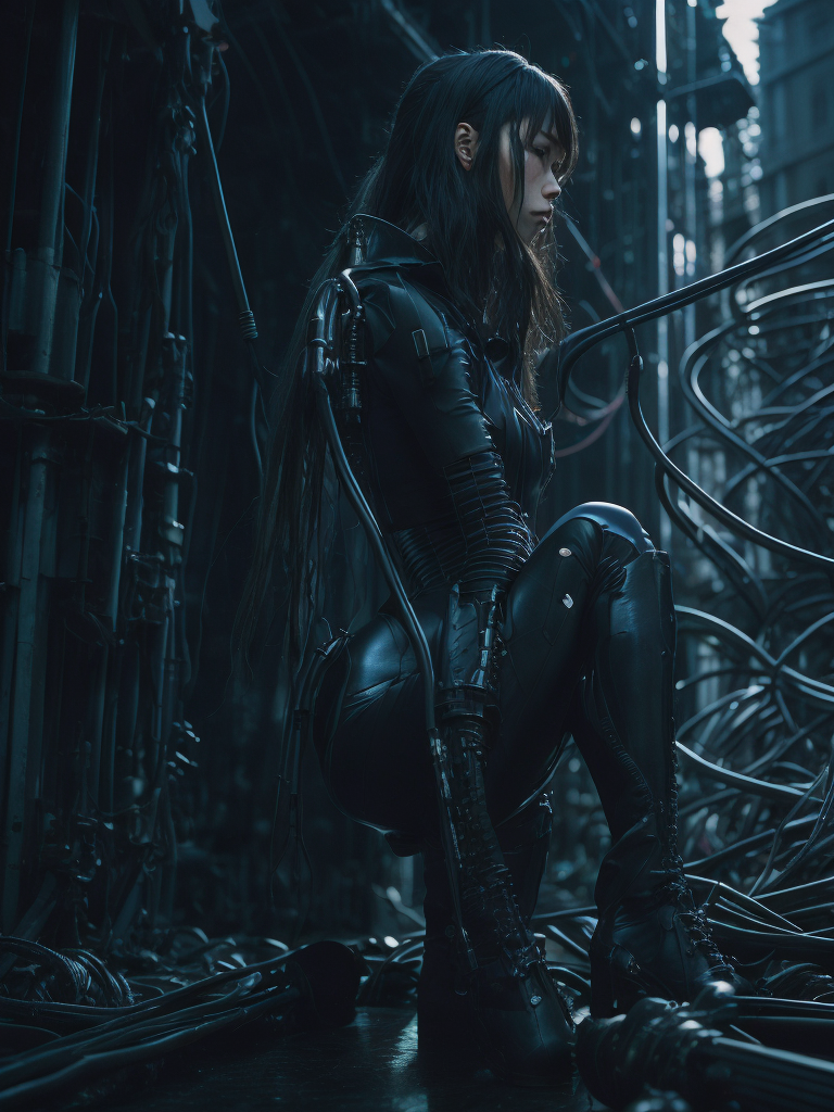 woman, ghost in the shell style, black covered suit lying water tank plugin cables complicated mechanical parts cyberpunk style intricate details robotic arms