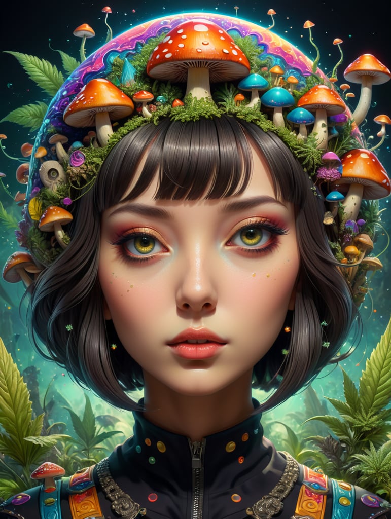 kawaii cartoon style psychedelic with mushrooms & cannabis coming from the mind. hairstyle bangs with bob