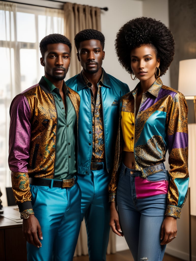 The assemblage has a very naturalistic style, with trademark use of bold colors and brushstrokes. Sportiv man and women ebony mannequins, afro dandy, athletic shape, 80's style, afrobeat, custom made jacket African shirt, colorful fabric, african curtain, fashion, ebony, black, mannequin, 3d model, couple, centered image