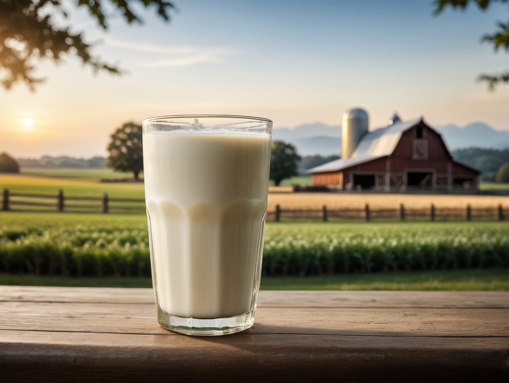 A mockup of a glass of milk, farm blurred background