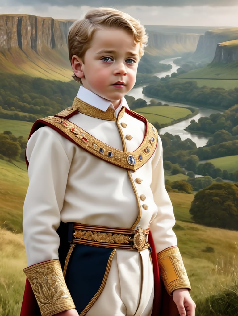 Realistic style, An enchanting portrayal of Prince George of England, featuring him in regal attire, surrounded by vast landscapes representing the one hundred and thirty-three thousand acres of land he inherited across twenty-three counties in the United Kingdom, representing his immense wealth. hyperdetailed, 8k, hyperrealistic