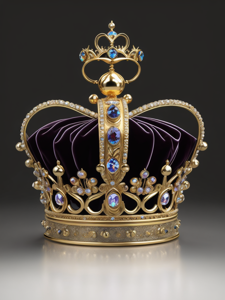 St. Edward’s Gold Crown adorned with gems, Black gradient background, Incredibly high detail, deep & bright colors, contrast light