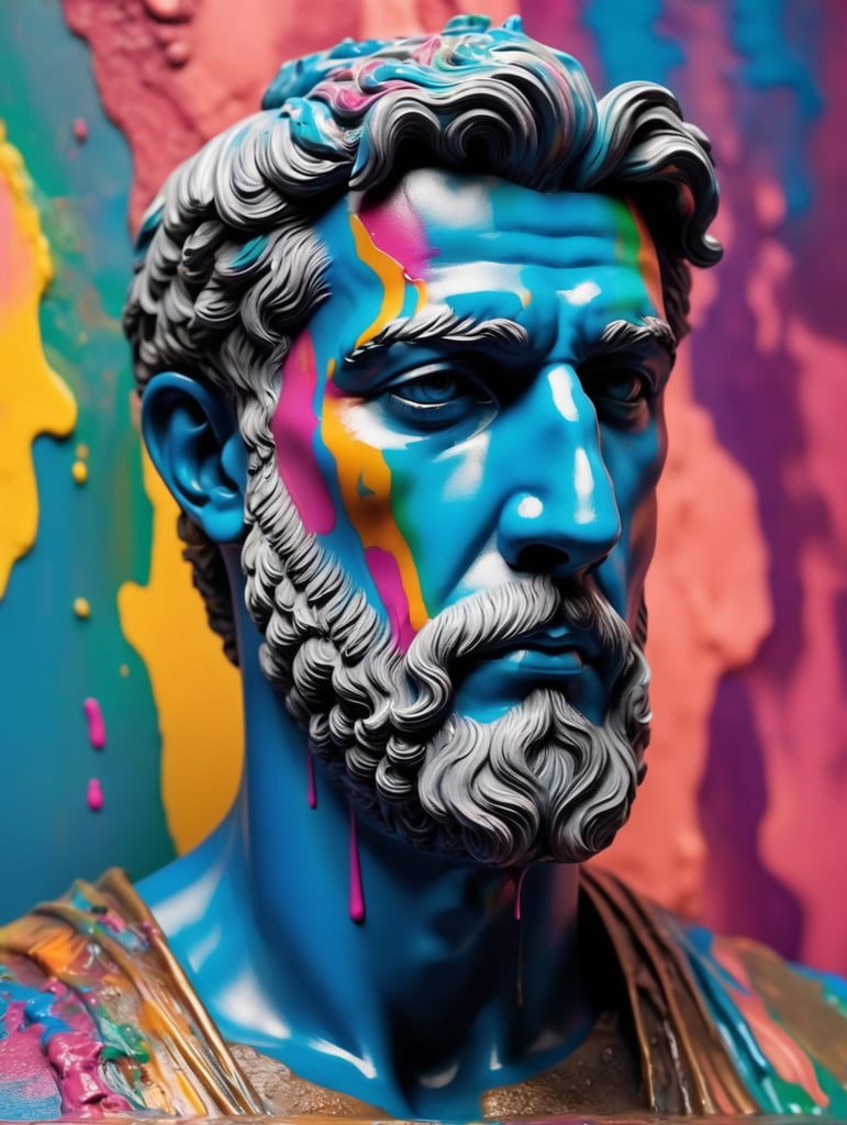 greek male bust with colorful paint, melted, the paint is flowing, aesthetic background