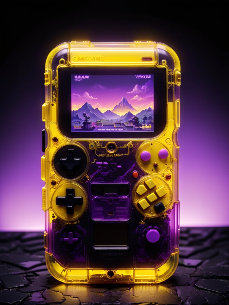 3d render retro tiny cute yellow game boy translucent plastic case, neon light, purple background