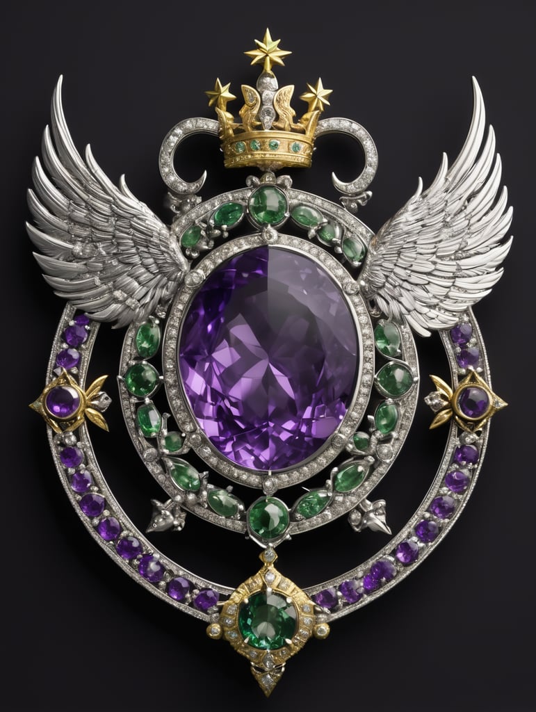 Highly realistic single metal craft, medieval European royal emblem, symbolizing stars and quill pen in the night sky, amethyst, silver, small green diamond, magnificent and noble, frontal view, symmetrical, black background