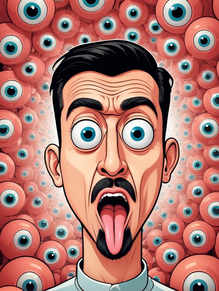 Hypnotized man starring, brainwashed, mind controlled, with large cartoon spiral eyes, tongue sticking from his mouth salivating, photo from the neck up, cartoon-styled, illustration, vector art