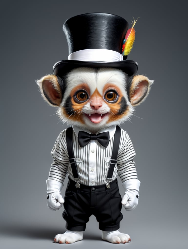 um desenho fofo de um mico filhote, no estilo chibi, 2d, vestido de mimico, com luva branca, suspensório, chapéu coco, maquiagem branca, com detalhes pretos, blusa listrada, calça preta.