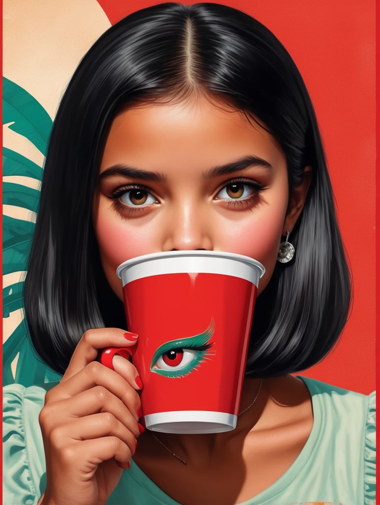 Miami young girl holding a red cup eye-catching poster-style drawing and illustration representing the iconic pulp style.