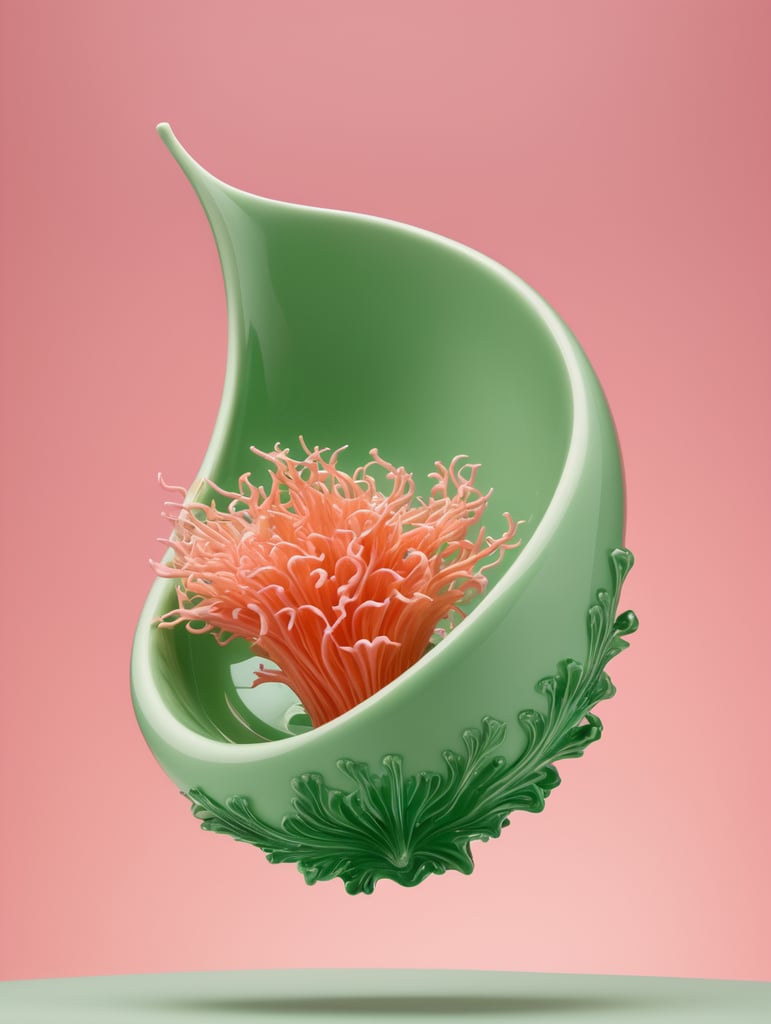 a singular object, floating in mid air, trippy, looks like a seaweed porcelain, structure, gloss, otherworldly, nature, photorealism, y2k, rave, plain pink colour background, light green, pinks, orange, baby pink