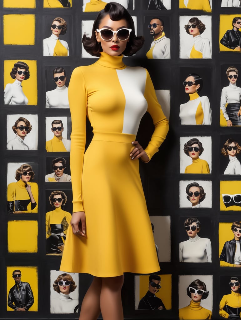 Front profile full body photography, in front of black wall, a hip hop 80's British model woman with 50's haircut, in a yellow and white turtleneck dress and large sunglasses, art by Sergio Lopez and Salvador Dali