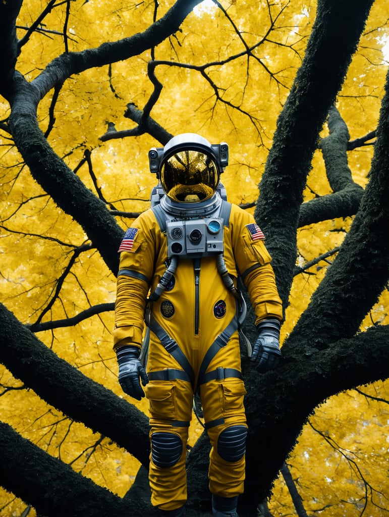 astronaut wearing a yellow space suit, amongst leaves in a big tree, full body, space,